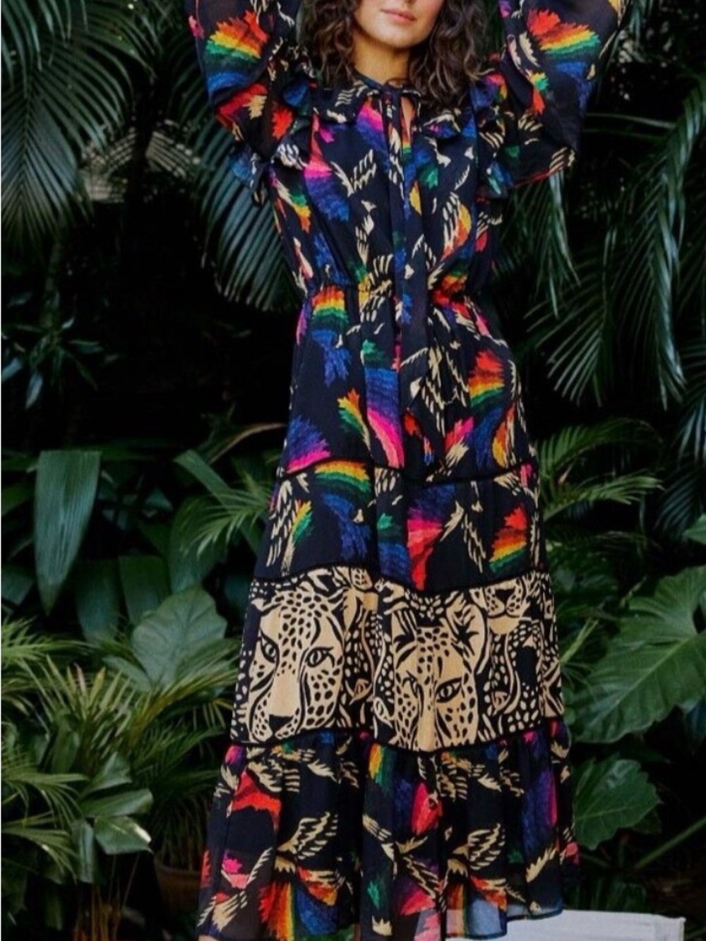 FARM Rio Black Rainbow & Beige Animal Tiered Maxi Dress